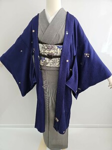 すずや■608未使用正絹金彩文様長羽織文様　裄丈69cm　着丈103cm　瑠璃色系