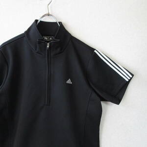 ○美品 adidas GOLF アディダス ゴルフ◆ジャージ ハーフジップ シャツ 半袖 ゴルフウエア◆レディース ブラック Lサイズ