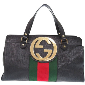 美品 グッチ インターロッキング シェリーレザー ブラック ハンドバッグ 黒 1311 GUCCI