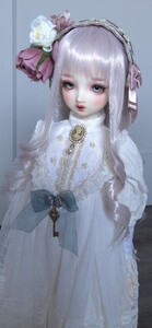 MDD　 DD　SD　ウィッグ　８－９インチ　 アレンジウィッグ　リボン　髪飾り　カチューシャ　くすみピンク　ハーフアップ