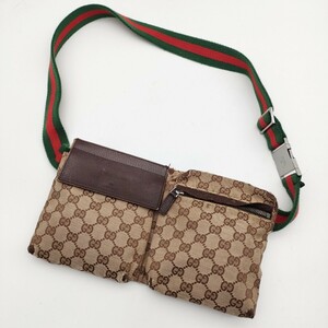 【入手困難品】良品 GUCCI グッチ シェリーライン ボディバッグ ウエストポーチ ショルダーバッグ ベルト GG柄 ブラウン 斜め掛け