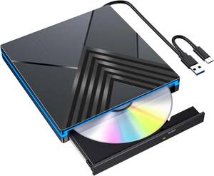 CD DVD ドライブ外付け 彩色LED搭載 外付けディスクドライブ 軽量 薄型 静音 パソコン光学ドライブ USB3.0&Typ