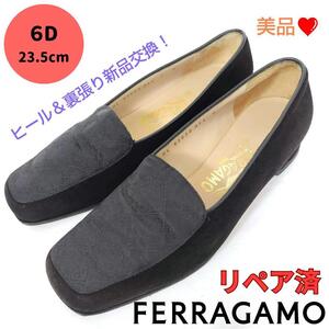 美品フェラガモ【Ferragamo】ロゴ コンビ パンプス ローファー 黒