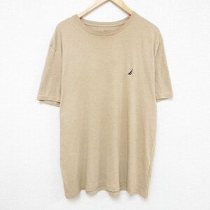 XL/古着 ノーティカ NAUTICA 半袖 ブランド Tシャツ メンズ ワンポイントロゴ 大きいサイズ クルーネック 薄茶 ブラウン 霜