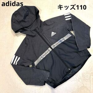 adidas アディダス キッズ 子供 ナイロンジャケット 110 黒 ブラック フード 3本ライン スポーツ パーカー サッカー 上着 薄手