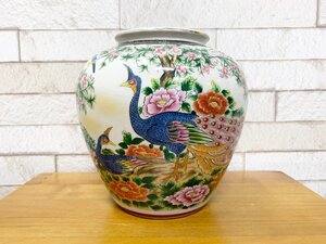 九谷焼 美泉 壺 花器 花瓶 孔雀 牡丹 茶道具 飾壺 置物 花入 金彩 色絵 飾り物 時代物