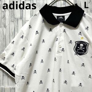 adidas アディダス オーランド パイレーツ 半袖 ポロシャツ サイズL シンプルロゴ ワンポイントロゴ 総柄 スカル ガイコツ 鹿の子 送料無料