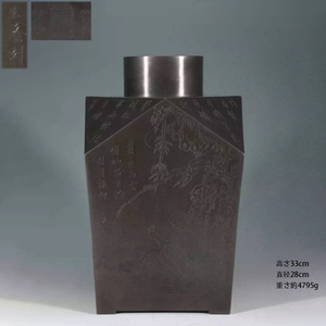 古錫 茶葉罐 王蔭刻 「錫製刻羅漢詩文図大茶心壺」 茶筒 茶入 茶壷 茶道具 純錫 金工 茶器 時代物 LT-0623