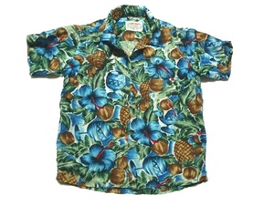 60～70’s ビンテージ ALOHA SHIRTS製 アロハシャツ 花柄&パイナップル ハワイアン 110~120位 子供服 キッズ 半袖 レーヨン 青×緑×茶×白