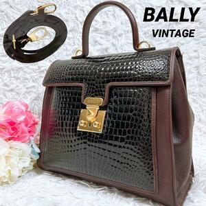 美品★BALLY バリー ヴィンテージ ２way クロコ型押し ハンドバッグ ショルダーバッグ ダークブラン×ブラック セカンドバッグ