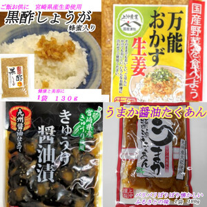 【宮崎の漬物】 四選 万能おかず生姜 130g×1袋 黒酢しょうが 130g×1袋 きゅうり醤油漬100g×1袋 うまか醤油たくあん180g×1袋