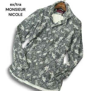 ex/tra MONSIEUR NICOLE ムッシュ ニコル LEGGIUNO生地 花 フラワー総柄★ 長袖 コーデュロイ シャツ Sz.46　メンズ 紺　A4T10097_9#B