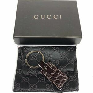 美品【グッチ】基準内 GUCCI クロコダイル キーリング キーホルダー チャーム 金属素材×ワニ革 メンズ レディース 伊製 箱付き 送料520円