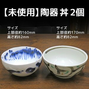 【未使用】陶器ラーメン丼2個／植物柄・青模様