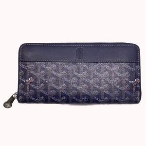 送料無料 【中古】ゴヤール 財布 GOYARD マティニョンGM ラウンドファスナー ネイビーブルー 長財布 箱付き 148020