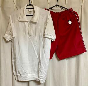 送料無料★ユニチカ 半袖ファスナー体操服＋ハーフパンツ 上下セット 白×エンジ 学校指定 スポーツウエア 体操着 L-Mサイズ