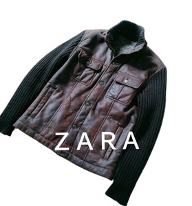 ZARA MAN*フェイクムートン×リブニット*ジャケット*ブルゾン*メンズL相当*ダークブラウン*茶系*アウター*ザラ*フェイクファー