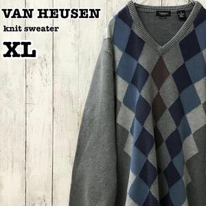 VAN HEUSEN US アメリカ古着 アーガイル柄 Vネック コットン ニット XL