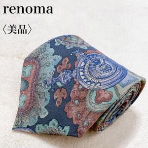 【美品】renoma paris レノマパリス ネクタイ シルク 総柄 レトロ クラシック メンズ ワンポイントロゴ イタリア製 ヴィンテージ S13