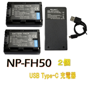 NP-FH50 互換バッテリー 2個 + Tyep-C USB 充電器 1個 残量表示可能 純正品と同じよう使用可能 DSLR-A330L α230 α330 α380