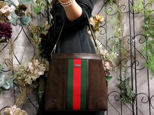 超美品●GUCCI グッチ●シェリー●スエード カーフ レザー 本革●ショルダー バッグ●ダークブラウン 緑 赤●SV金具●イタリア製●Js53663