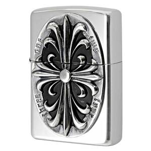 Zippo ジッポライター クロス 十字架 Cross 銀メッキ いぶし仕上げ Metal EMBLEM 2SIM-CROZS 重厚 高級 メール便可