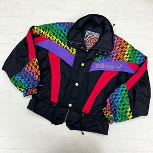 1414◎ デサント製 オールド ヴィンテージ 80s-90s adidas アディダス 中綿 ジャケット アウター ブラック 部分 レインボー メンズL