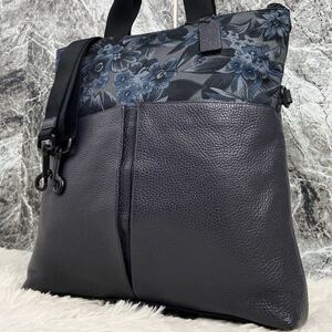 1円〜【極美品 超希少】コーチ COACH トートバッグ 2way メンズ ビジネス 本革 レザー PVC キャンバス ボタニカル柄 紺 肩掛け 斜め掛