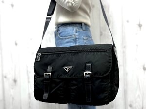 美品 PRADA プラダ テスート ショルダーバッグ バッグ ナイロン×レザー 黒 メンズ 79719Y