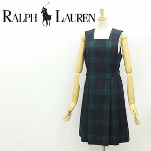 美品 ヴィンテージ◆RALPH LAUREN ラルフローレン ブラックウォッチ柄 スクエアネック プリーツ ノースリーブ ワンピース 160