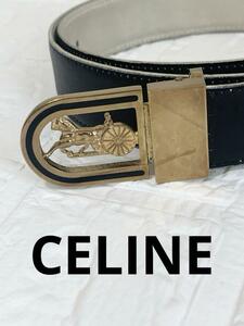 CELINE セリーヌ　ベルト　ゴールド　ブラック　メンズ　レザー　馬車　黒×金