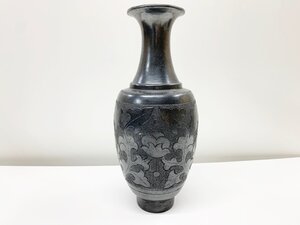 中国唐物　金鼎 花瓶　花器　フラワーベース　壺　黒　高さ25cm 印有　黒陶瓶　土器　錫　材質不明