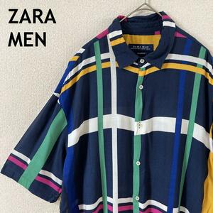 C3 ZARA チェックシャツ　半袖　マルチカラー　Mメンズゆったり　レーヨン