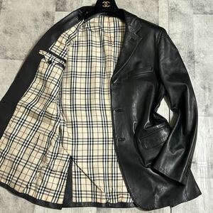 美品★ 大きめ！L バーバリーブラックレーベル BURBERRY BLACK LABEL ラムレザー テーラードジャケット 羊革 ノバチェック 黒 シープスキン