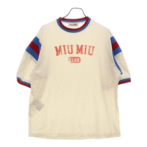 ミュウミュウ 23SS Oversized Jersey Short Sleeve T-Shirt ロゴプリント クルーネック半袖Tシャツ レディース MJN394 11EE