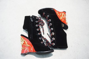 美品 正規 16AW PRADA プラダ WEDGE SANDALS ベルベット アンクル ブーツ ベロア ウェッジ サンダル 12cmヒール 黒37 本物 1226N▲