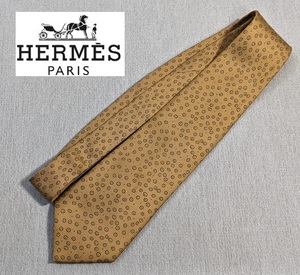 ★HERMES/エルメス　ネクタイ　メンズ　ライトブラウン　総柄　大剣幅9cm フランス製★中古★