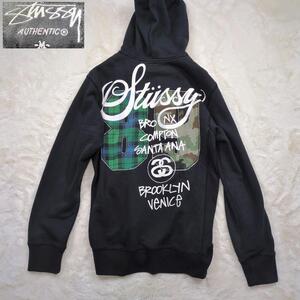 【希少 L相当】STUSSY ステューシー パーカー ジャケット ジップアップ ワールドツアー 刺繍 バックロゴ フード チェック 黒 メンズ