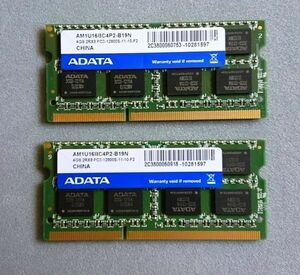 ADATAノート用メモリ PC3-12800S (DDR3-1600) 4GBx2枚(計8GB) AM1U16BC4P2-B19N 両面実装 (2Rx8)【ジャンク？・送料込み】