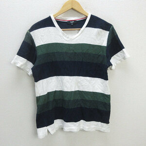 z■ビームス/BEAMS HEART VネックTシャツ ボーダー【M】紺白緑/men