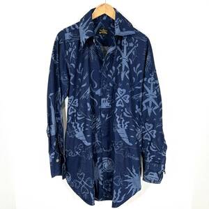 Vivienne Westwood ANGLOMANIA 総柄 変形 ドレープ ロング シャツ ジャケット S 刺繍 デニム ヴィヴィアンウエストウッド アングロマニア