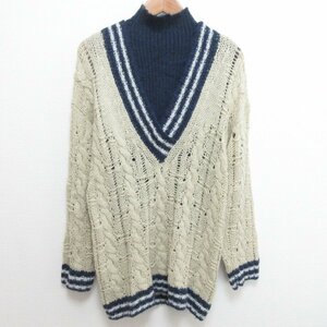 美品 21AW Ameri VINTAGE アメリ SOFT CABLE TILDEN KNIT TOP アンサンブル チルデンニット サイズF ネイビー×ベージュ ◆