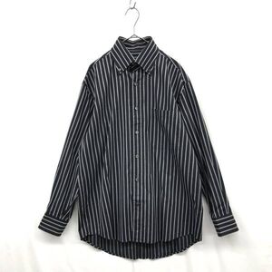 JZ0408★Aquascutum : ストライプ柄 長袖ボタンダウンシャツ★M★ブラック系 コットン 日本製 アクアスキュータム