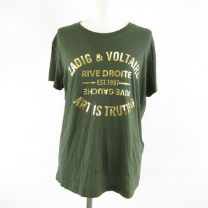 ザディグ エ ヴォルテール ZADIG & VOLTAIRE カットソー Tシャツ 半袖 ロゴ プリント 緑 ゴールド S *T689 レディース