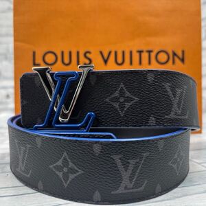 美品●LOUIS VUITTON ルイヴィトン ベルト エクリプス モノグラム シェイク LV イニシャル リバーシブル ブラック ブルー メンズ 90サイズ