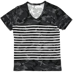 定価1.9万 AKM ORIGINAL CAMO BORDER V−NECK S/S T SHIRTS M カモフラボーダーVネックTシャツ　ジュンハシモト　wjk