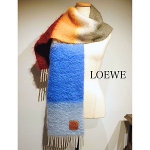 【鑑定済】LOEWE ロエベ ストライプ スカーフ マフラー モヘア ウール フリンジ付き ライトブルー ボルドー マルチカラー 送料無料