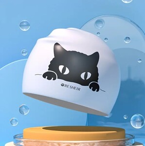 再入荷！【プールに映える！】スイムキャップ花柄《黒猫》swimming cap★柔らかシリコン素材★白