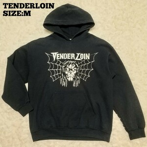 TENDERLOIN◆プリント加工 プルオーバー パーカー 黒M/メンズ テンダーロイン 日本製 アメカジ スウェット フーディー 裏起毛 古着 HOODIE