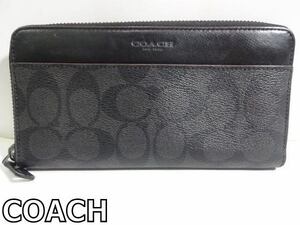 X4H067◆ コーチ COACH 本革レザー&PVC ブラック&シグネチャー ファスナー開閉小銭入れ付き ジップラウンド 財布 長財布 ウォレット